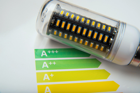 Energy efficiency concept with energy rating chart and LED lamp on white background