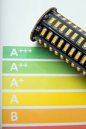 Energy efficiency concept with energy rating chart and LED lamp on white backgroundの写真素材