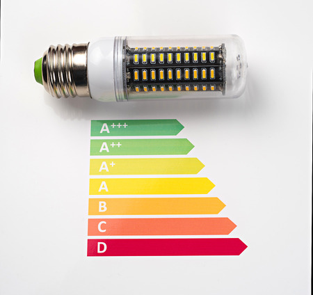 Energy efficiency concept with energy rating chart and LED lamp on white backgroundの写真素材