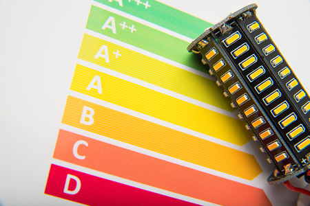 Energy efficiency concept with energy rating chart and LED lamp on white backgroundの写真素材