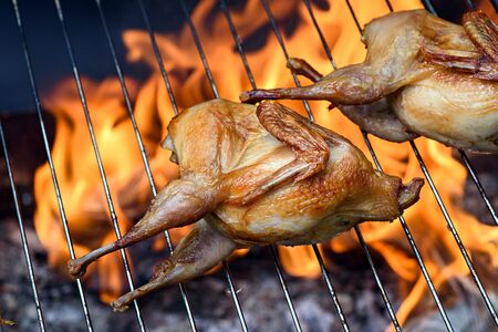 Grilling delicious poultry quails in a restaurant on grill. Roasted Partridge, quail prepared on the barbecue on sunny day. Culinary concept with delicious food.の写真素材
