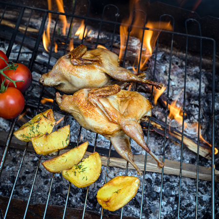 Grilling delicious poultry quails and fresh juicy vegetables in a restaurant on barbecue. Partridge, quail, potato, tomato are prepared on the grill on sunny day. Culinary concept with delicious food.の写真素材