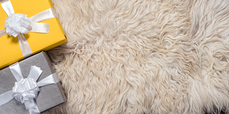 group of christmas yellow and grey gifts boxの写真素材