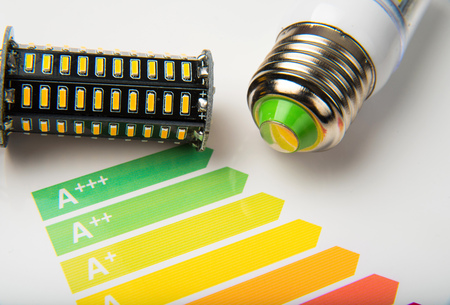 Energy efficiency concept with energy rating chart and LED lampの写真素材