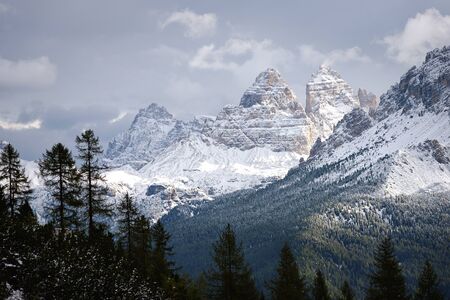 panoramic view of snowy mountain peak in winter, dolomites, italyの写真素材