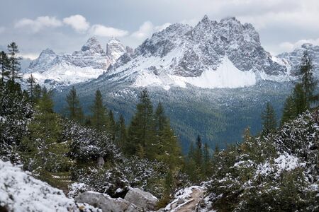 panoramic view of snowy mountain peak in winter, dolomites, italyの写真素材