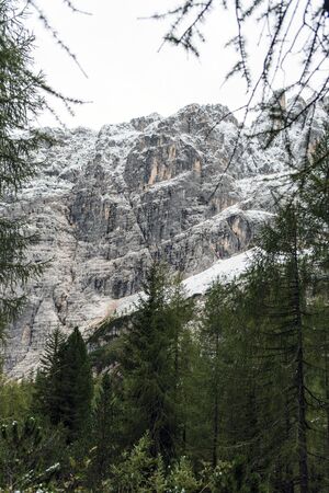 panoramic view of snowy mountain peak in winter, dolomites, italyの写真素材