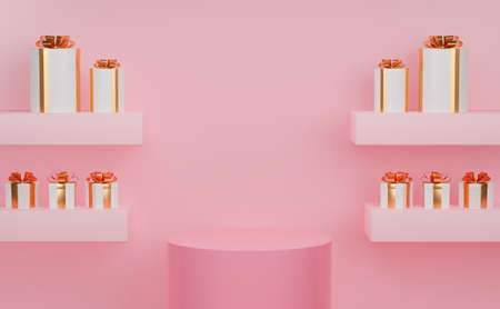 3d rendering pink empty cylinder stand with white gift boxes on shelf.