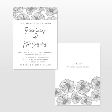Wedding invitation template with line art flowers decoration, marriage, flowers, hand drawn illustrationのイラスト素材