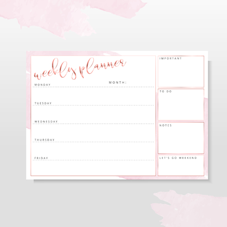 Rose gold weekly planner, stationery organizer for daily plans, vector weekly planner template, schedules, rose gold detailsのイラスト素材