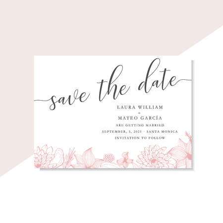 Save the date template with pink line art flowers and leaves, card template with hand drawn flowers, illustration, wedding.のイラスト素材