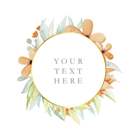 Round floral frame with watercolor flowers and leaves, orange flowers, logo template, illustration hand drawnのイラスト素材
