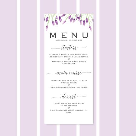 Wedding menu template with hand drawn watercolor lavander flowers, leaves and branches, illustration, wedding.の写真素材