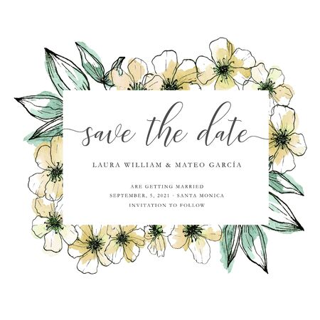 Save the date template with hand drawn flowers,  lineart and watercolor, save the date lettering, wedding templateの写真素材