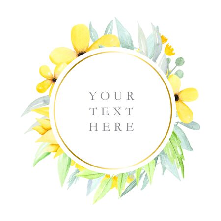 Round floral frame with watercolor flowers and leaves, yellow watercolor flowers, logos, illustration hand drawnの写真素材
