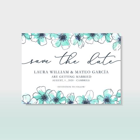 Save the date template with hand drawn flowers, blue watercolor flowers, save the date lettering, wedding templateの写真素材