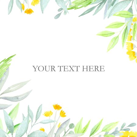 Square frame with hand drawn watercolor flowers and green leaves,  text decoration. Hand drawn illustration.の写真素材