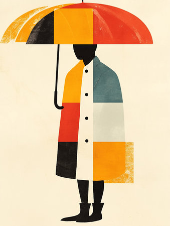 Retro style illustration of a man standing under an umbrella, wearing a coat.の素材