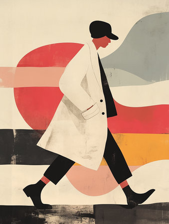 Retro fashion illustration of a stylish man in coat and cap.の素材