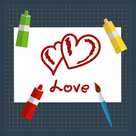 Vector greeting card Valentines Day. Scarlet hearts drawn on a sheet of paint. Tubes of paint, brushes, paper, mat cutting.のイラスト素材