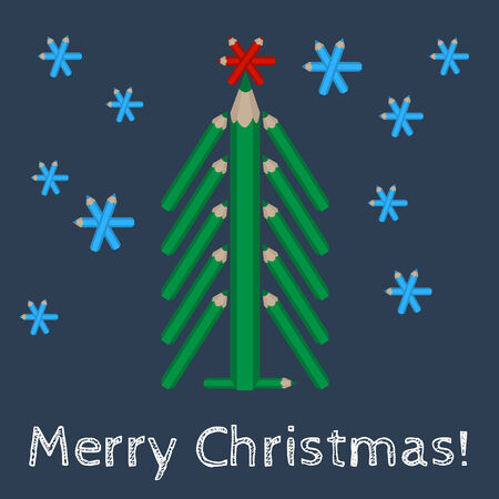 vector christmas tree made of colored pencils and the words Merry Christmasのイラスト素材
