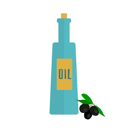flat bottle of olive oil, black olives on branchのイラスト素材