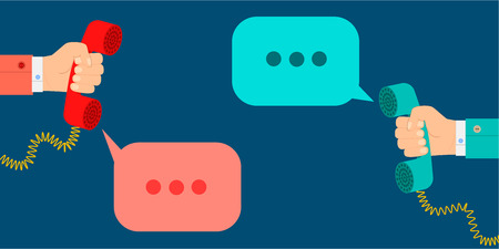 vector concept hand holding a telephone receiver speech clouds in flat design styleのイラスト素材