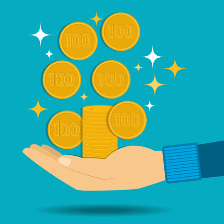 Vector illustration. Gold coins fall into the hand. Passive income. Flat design.のイラスト素材
