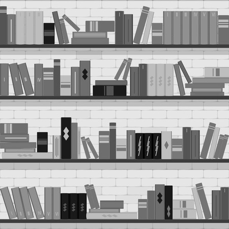 seamless pattern bookshelves, books on the brick wall backgroundのイラスト素材