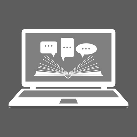 Vector illustration. Reading e-books. Online learning. Open book paper with speech clouds on the laptop. Flat design.のイラスト素材
