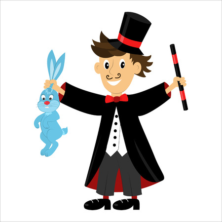 cartoon character magician holding a magic wand and a rabbitのイラスト素材
