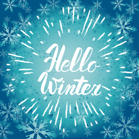 Hello winter text. Vector Brush lettering Hello Winter. Vector card design with custom calligraphy.のイラスト素材