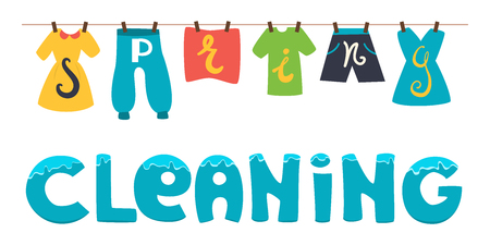 Spring cleaning. Vector banner illustration. Wash the clothes drying on the clothesline.のイラスト素材