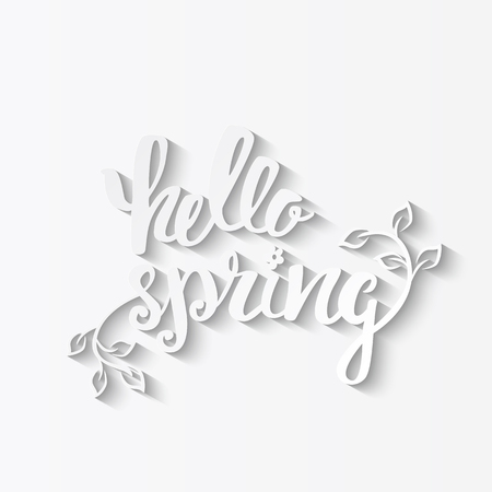 Hello Spring. Hand lettering, calligraphy inscription with spring leaves.のイラスト素材
