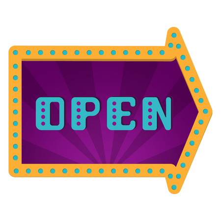 Open an arrow with neon lights. Retro label with bulbs.The opening of the store. Grand opening. Retro arrow. Flat style.のイラスト素材