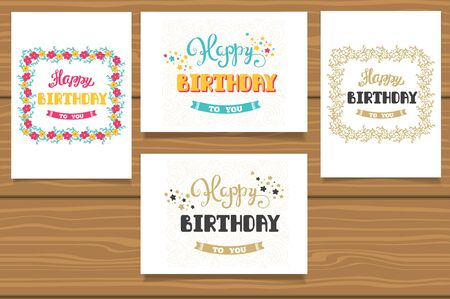 Happy Birthday. A set of templates for birthday cards. Hand lettering in flower frameのイラスト素材