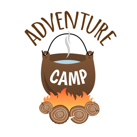 Adventure Camp. Tourist camp logo. Tourist pot hanging over the fire.のイラスト素材