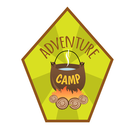 Adventure Camp. Tourist camp logo. Tourist pot hanging over the fire.のイラスト素材
