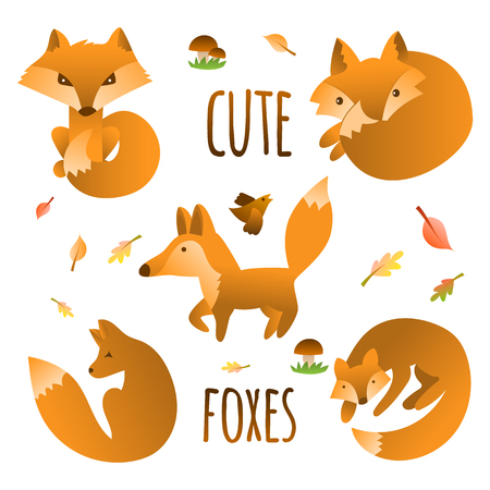 Vector set of cute foxes, autumn leaves and mushrooms. Hand draw fox for children's booksのイラスト素材