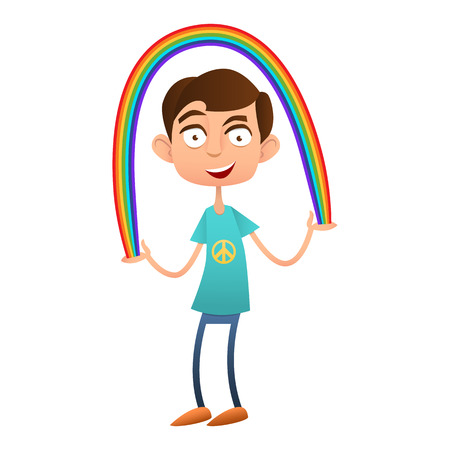 Boy teenager holding a rainbow, vector flat.のイラスト素材