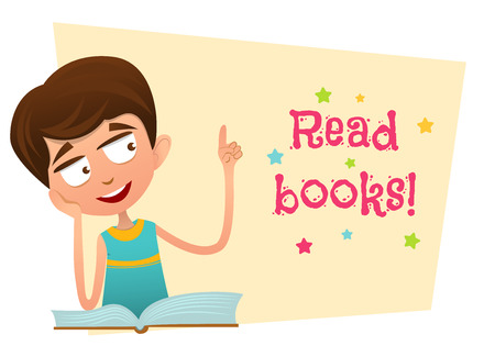 Read books. Smart boy sitting with an open bookのイラスト素材