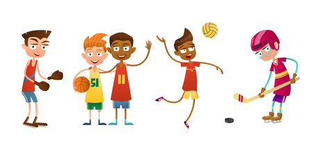 Flat set of kids doing different types of sports. The boy volleyball player, boxer and hockey player. Two other boys basketballのイラスト素材