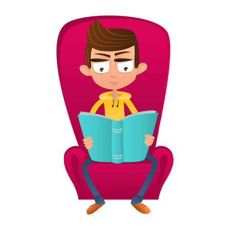 Smart boy sitting in a chair and reading a book cartoon style.のイラスト素材