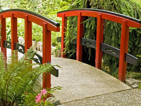 Bridge with a red handrails amidst a lush greenery ina japanese gardenの写真素材
