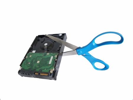 Scissors and harddrive symbolizing necessity of securing informationの写真素材