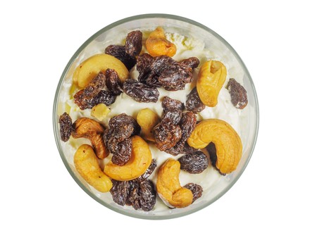 Homemade parfait with cultured cream or yougurt, nuts and seedsの写真素材