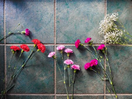 Colorful carnations create a frame with copy space on granite surfaceの写真素材