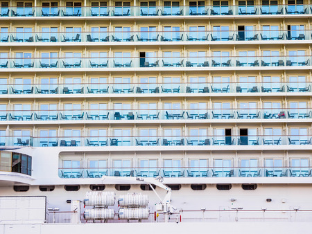 Large luxury cruise ship detail, a row of balconiesのeditorial素材