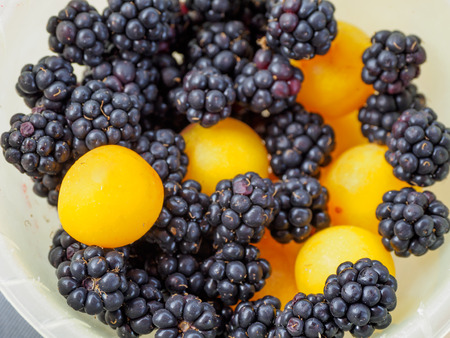 Mix of late summer berries in a bowl, view from above