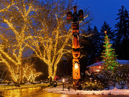 Victoria BC, Canada - December 21 2018. Festive Christmas illumination in snow-covered The Butchart Gardensのeditorial素材